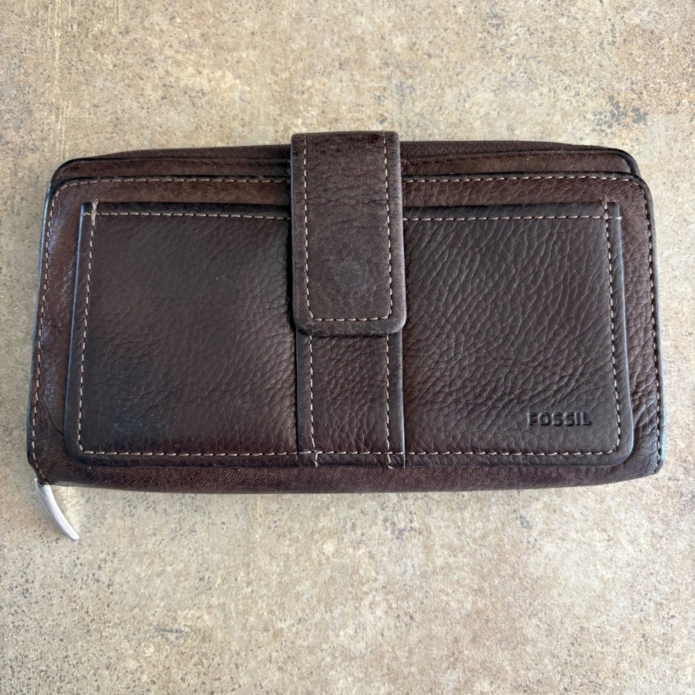 Vintage Fossil Brown Leather Snap Flap Wallet Clutch Zip Around Leather
